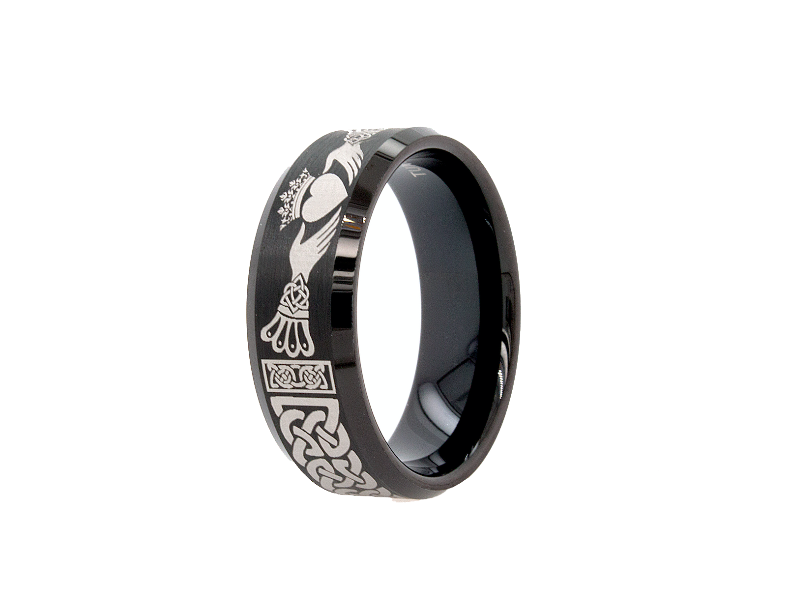 ring, ring on white background, black ring, black tungsten ring, mens wedding band, wedding band, irish ring, irish claddagh ring, claddagh ring, celtic ring, celtic wedding band