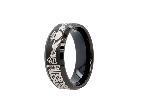 ring, ring on white background, black ring, black tungsten ring, mens wedding band, wedding band, irish ring, irish claddagh ring, claddagh ring, celtic ring, celtic wedding band