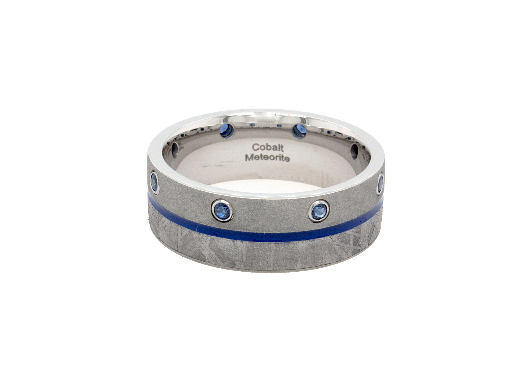 ring, ring on white background, cobalt ring, cobalt wedding band, ring with sapphires, sapphire wedding band, meteorite ring, ring with meteorite inlay, sapphire cobalt ring  Edit alt text