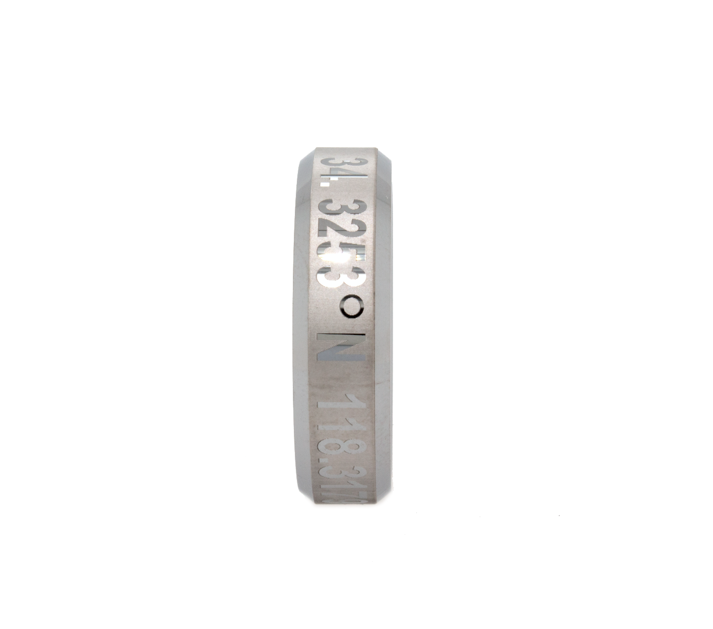 ring, ring on white background, ring with coordinates, silver color ring, coordinate ring, mens wedding band, women's wedding band, flat shaped ring, tungsten ring, engraved ring, custom ring