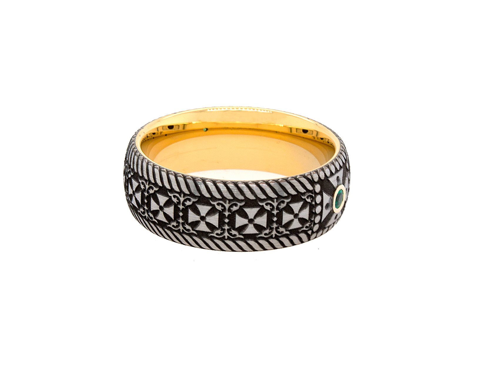 ring, ring on white background, tungsten ring, ring with yellow gold plating, ring with emerald, emerald wedding band, cross ring, ring with crosses, gemstone ring, birthstone ring, religious ring, mens wedding band, women's wedding band