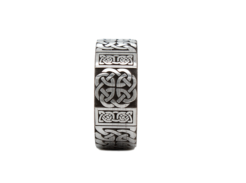 ring, ring with white backgrounds, tungsten wedding band, black plated tungsten, celtic knot engraving, celtic ring, celtic pattern, engraved ring, pipe cut ring