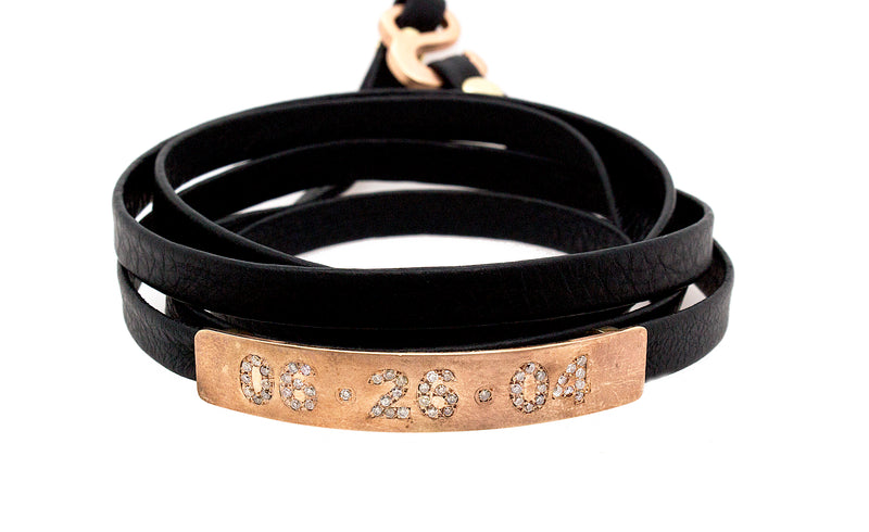bracelet, bracelet on white background, rose gold bar, solid rose gold bar bracelet, black leather bracelet, scrappy bracelet, leather wrap bracelet, diamond bracelet, personalized date, date bracelet, diamond bar bracelet