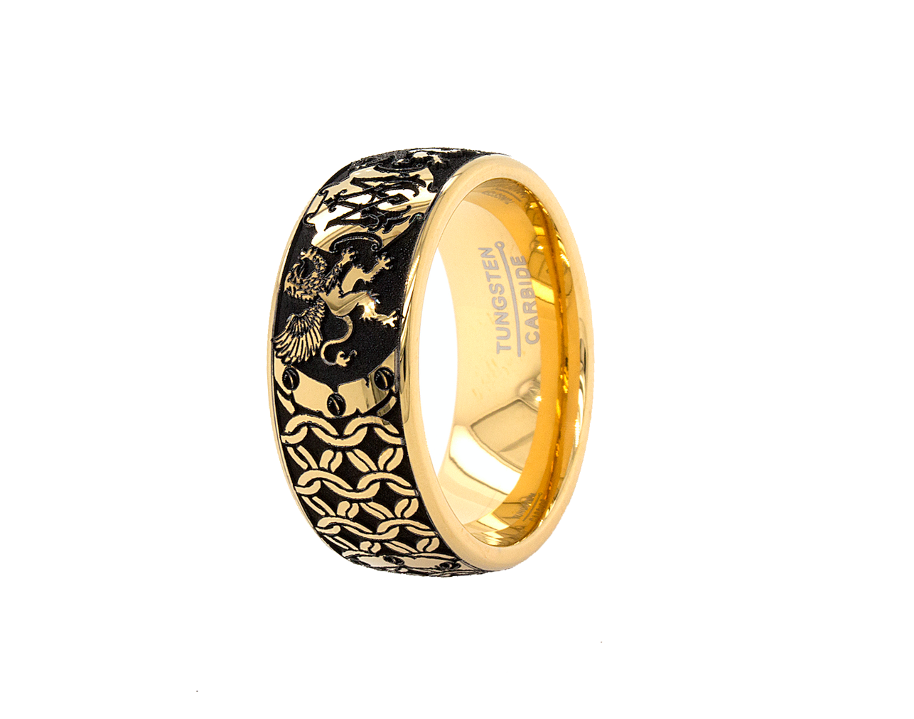 ring, ring with white background, yellow gold plated tungsten, custom engraved wedding band, wedding band, custom engraving, medieval ring, monogram ring, initial ring