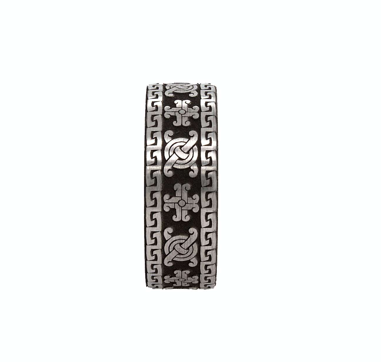 ring on white background, flat shaped ring, mayan symbols, mayan inspired ring, engraved wedding band, cross ring, symbolic ring