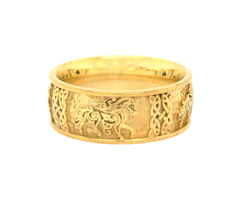 ring, ring on white background, gold ring. solid gold ring, mens ring, womens ring, yellow gold ring, horse ring, celtic ring, celtic knot ring, wedding band, 8mm ring
