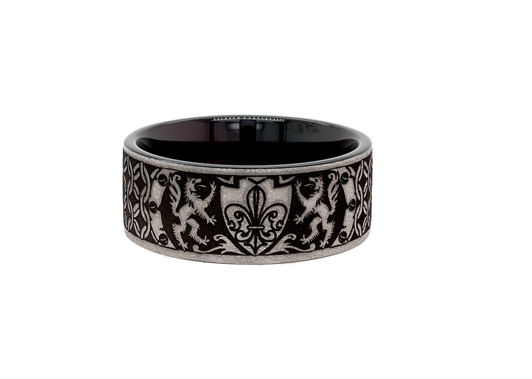 ring, ring on white background, black ring, black and silver ring, medieval ring, black ring, flor de lis, medieval engravings, wedding band, mens wedding band
