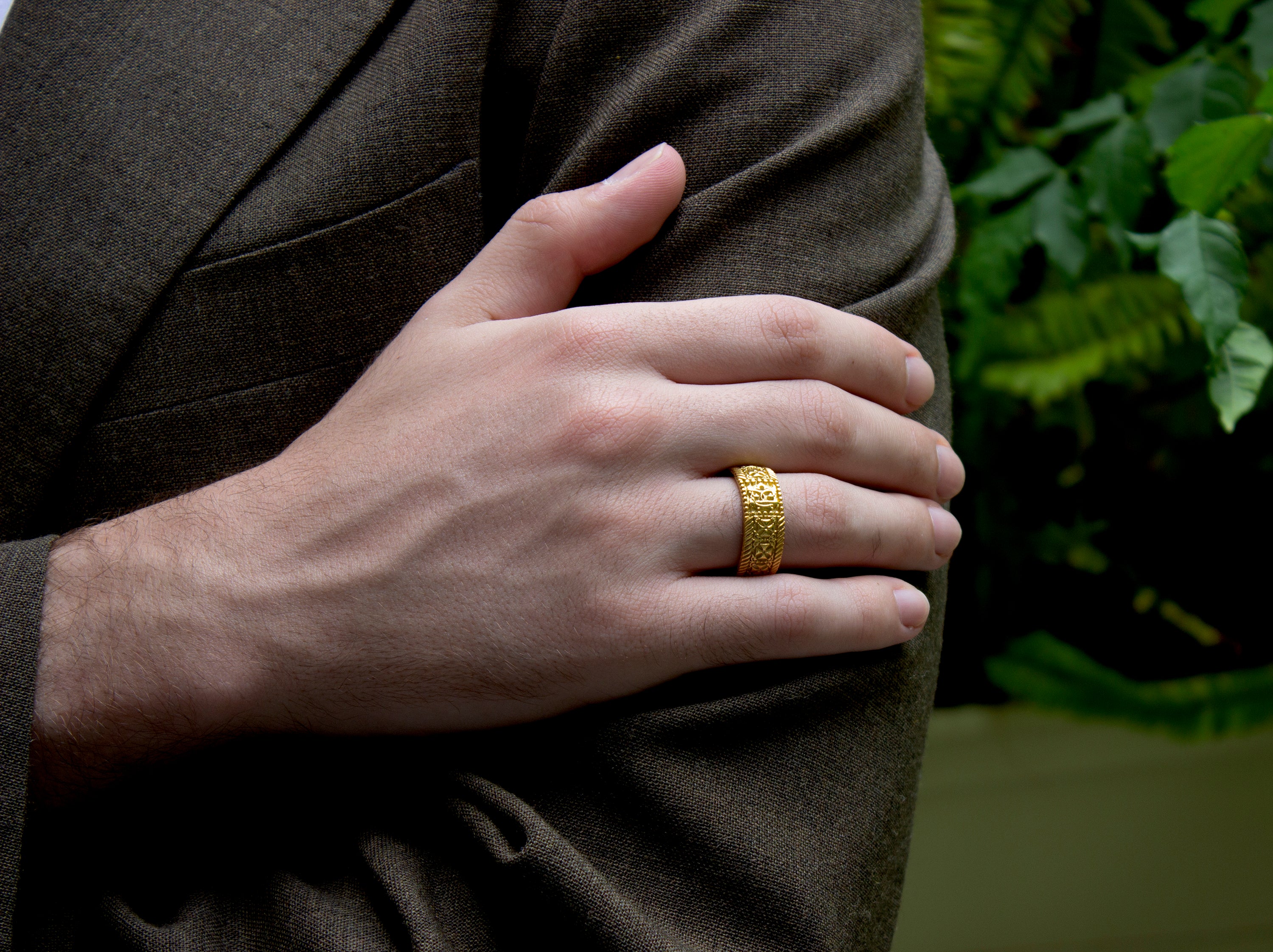 ring, ring on white background, gold ring, yellow gold ring, solid gold ring, mens ring, women's ring, solid gold wedding band. ring with celtic cross, cross ring, monogram ring, personalized monogram ring, initial ring