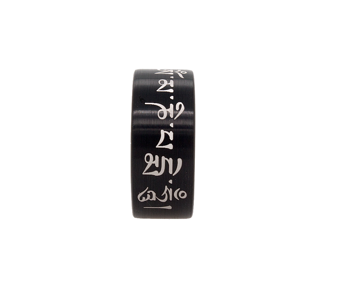 ring, ring on white background, black ring, black plated tungsten ring, pipe cut ring, brush finished ring, ring with engraving, buddhist engraving, ring with buddhist saying engraving, custom wedding band, personalized wedding band, engraved ring, ring with engraving