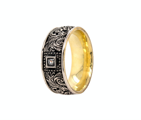 ring, ring on white background, mens rings, women's rings, yellow gold plated ring, oxidized silver ring, diamond ring, square shaped diamond, victorian ring, victorian style engraving, mens rings, women's rings, unique rings, custom ring