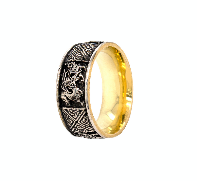 ring, ring on white background, sterling silver ring, oxidized ring, yellow gold plated ring, engraved ring, custom ring, custom engraving, celtic designs, celtic knot engraving, dragon engraving, dragon ring, unique ring, mens ring, women's ring