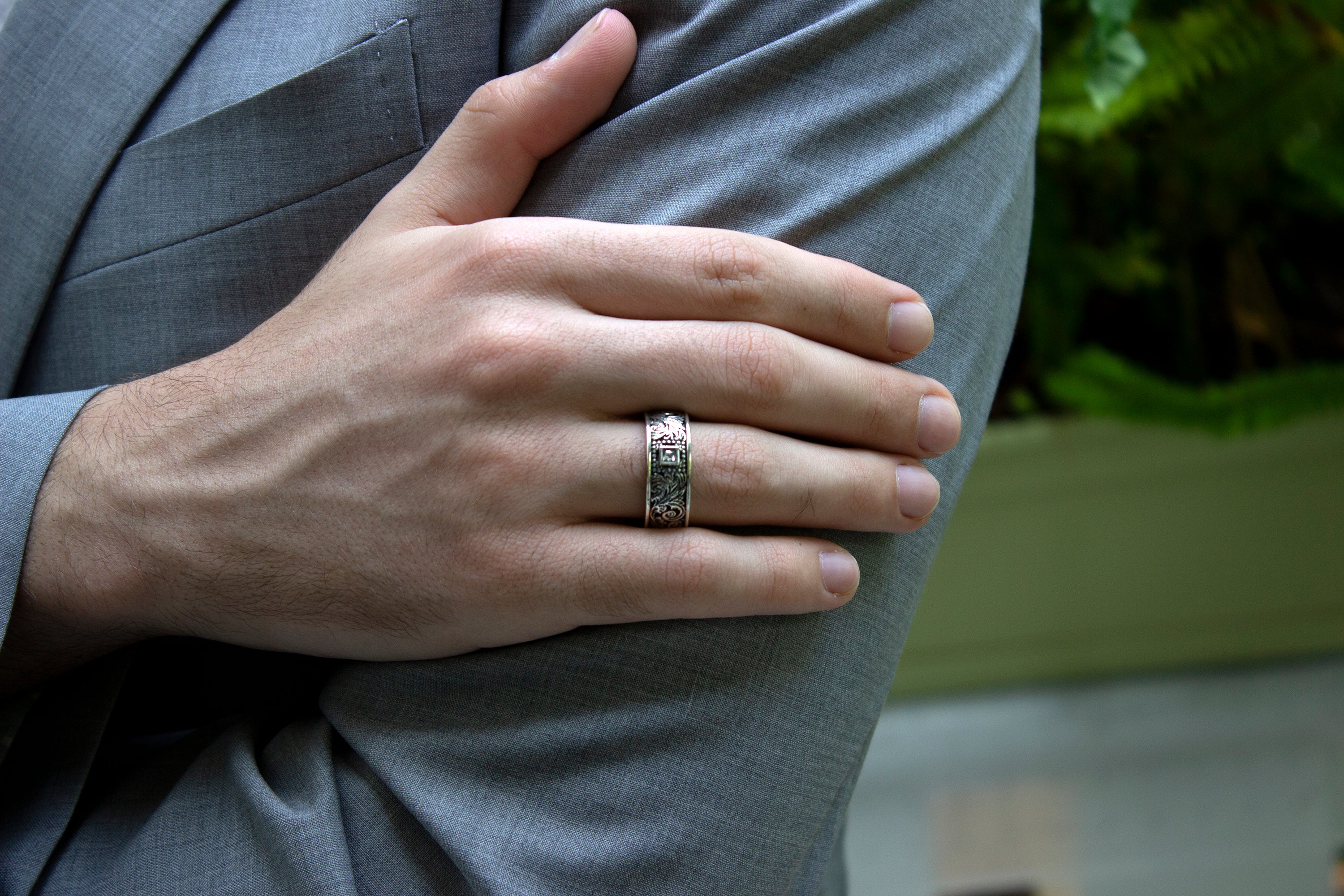 ring, ring on white background, mens rings, women's rings, yellow gold plated ring, oxidized silver ring, diamond ring, square shaped diamond, victorian ring, victorian style engraving, mens rings, women's rings, unique rings, custom ring