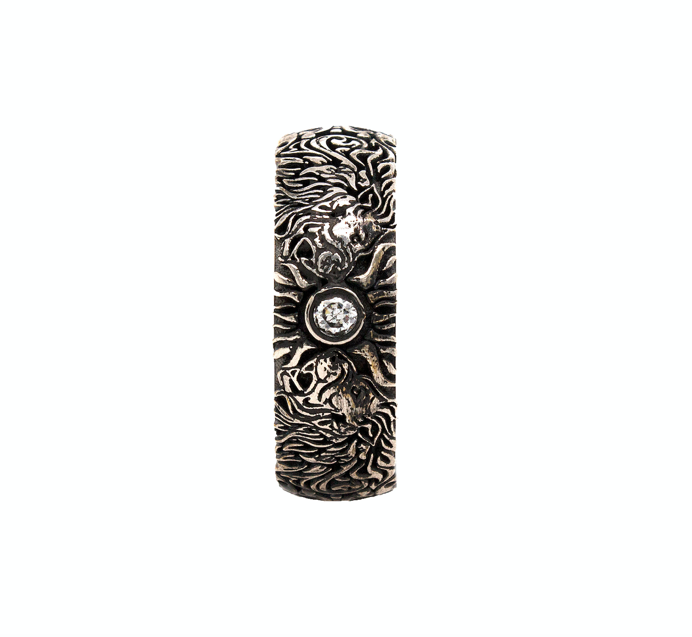 ring, ring on white background, mens rings, women's rings, ring with yellow gold plated interior, engraved ring, ring with lion heads, diamond ring, silver ring, sterling silver ring, medieval ring