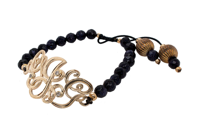 Custom Solid Gold Monogram Bracelet with Diamonds and Sandstone Beads Small / Silver