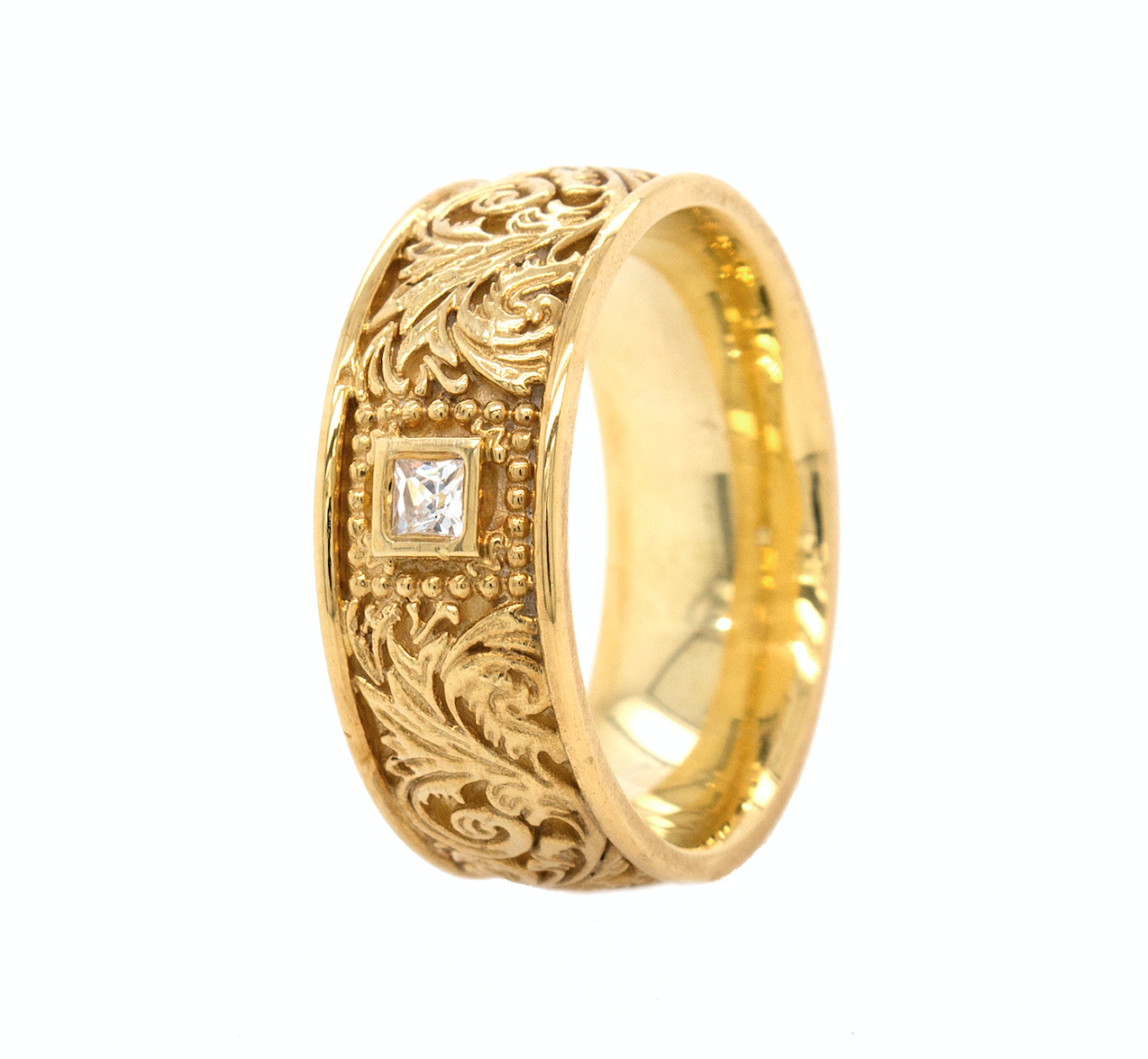 ring, ring on white background, gold ring, solid gold ring, wedding band, yellow gold ring, victorian ring, square shaped diamond ring, diamond wedding band, mens ring, women's wedding band
