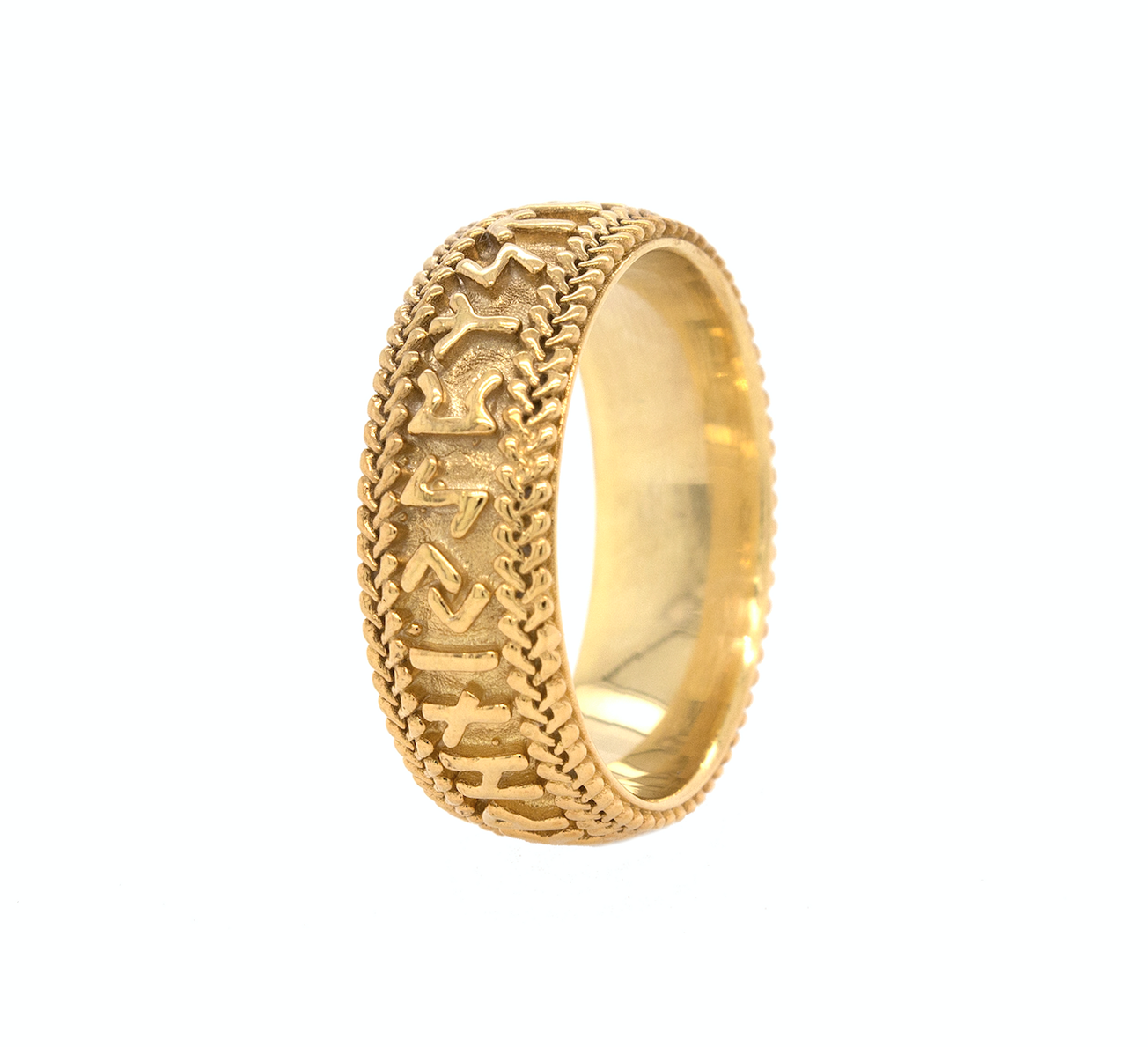 ring, ring on white background, mens ring, womens ring, wedding band, mens wedding band, yellow gold ring. solid gold ring, runes ring, runes engraving, nordic runes ring, custom gold ring, personalized gold ring