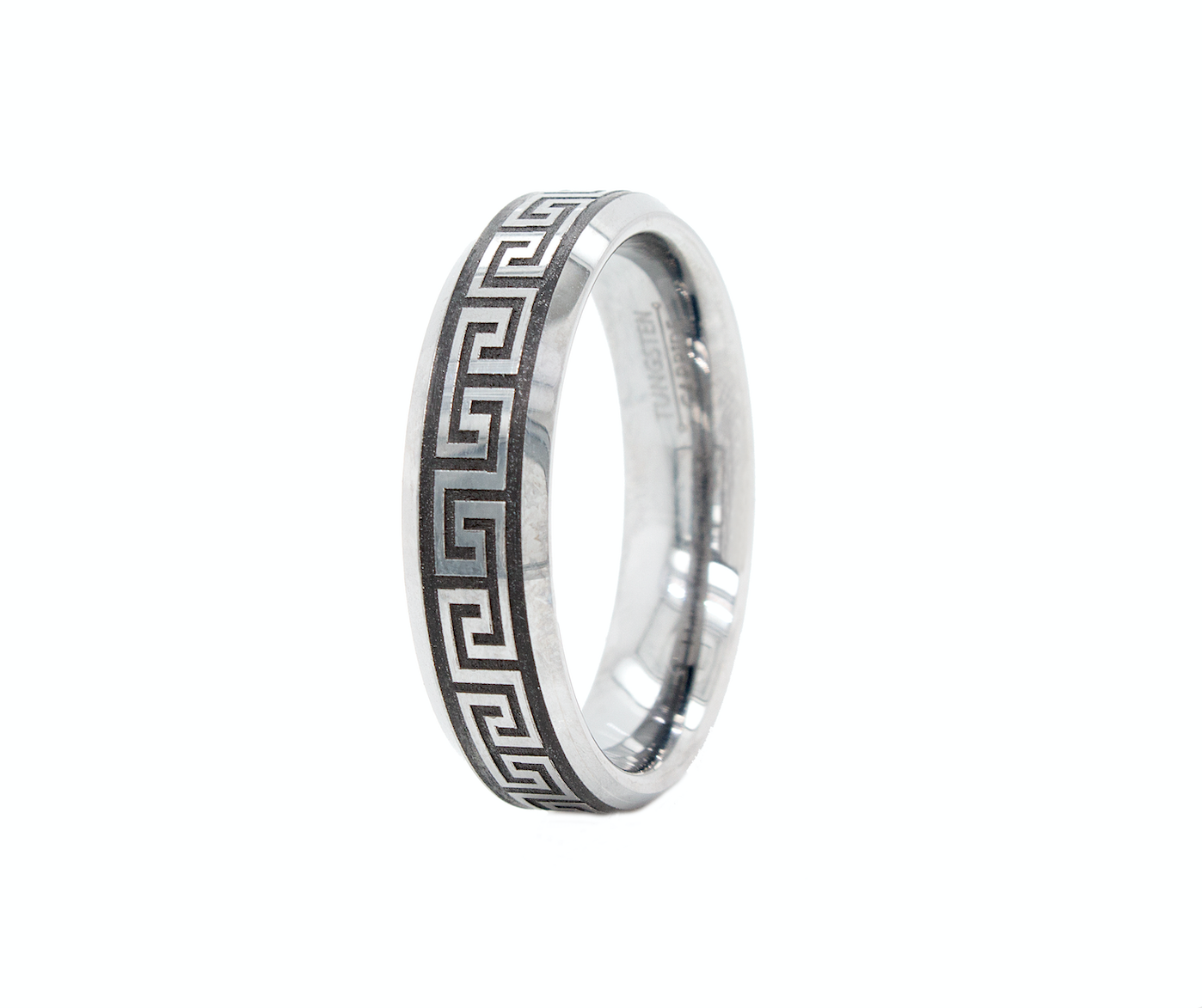 ring, ring on white background, 6mm ring, wedding band for men, wedding band for women, custom ring, personalized ring, greek ring, greek engraving, 6mm tungsten ring, tungsten ring