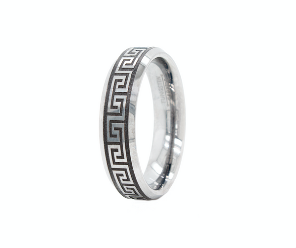 ring, ring on white background, 6mm ring, wedding band for men, wedding band for women, custom ring, personalized ring, greek ring, greek engraving, 6mm tungsten ring, tungsten ring