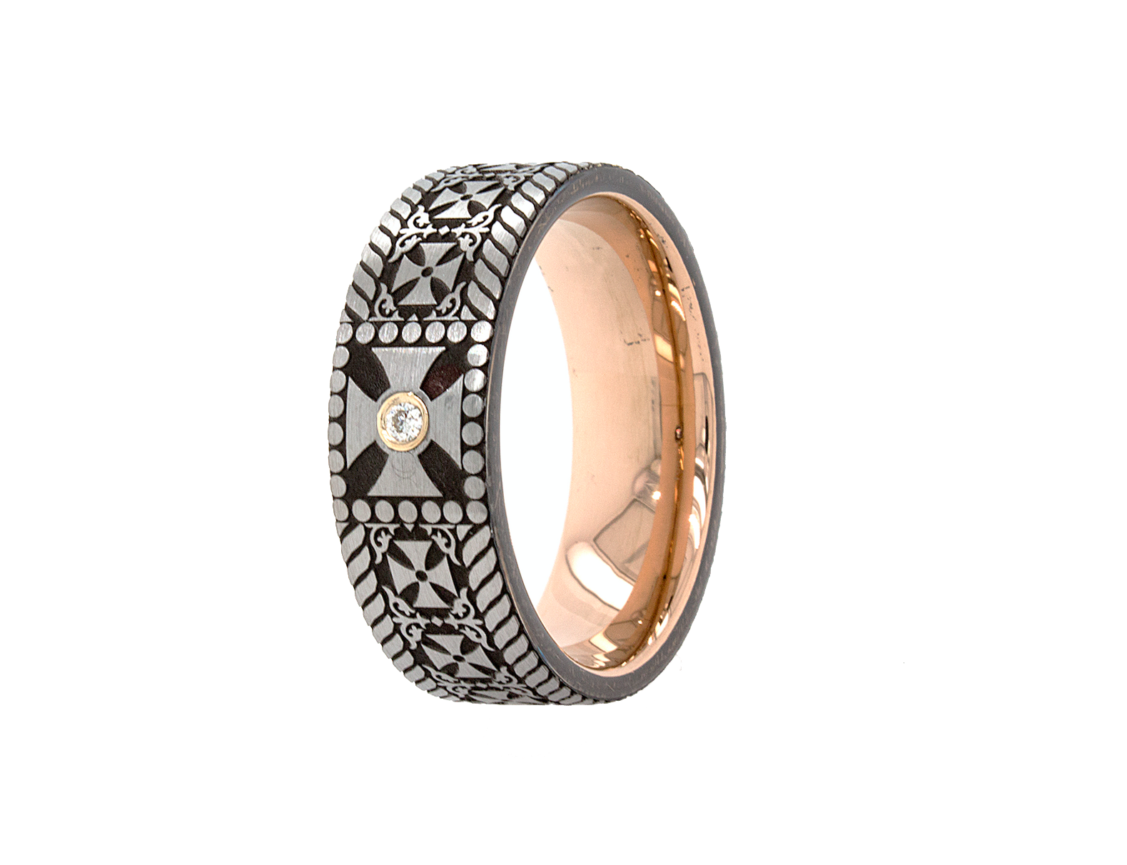 ring, ring on white background, rose gold plated ring, ring with crosses, cross ring, diamond ring, ring with diamonds, ring with crosses, flat shaped ring, mens wedding band, women's wedding band, custom wedding band, personalized wedding band, custom ring, gemstone ring
