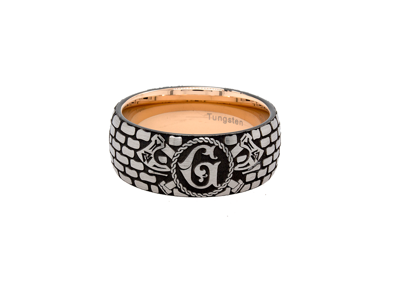 rin, ring on white background, ring with rose gold plating, ring with brick pattern, ring with initial, ring with letter g engraved, ring with ax engravings, viking inspired ring, viking ring, tungsten wedding band, mens wedding band, 9mm ring, women's wedding band, personalized wedding band, custom wedding band