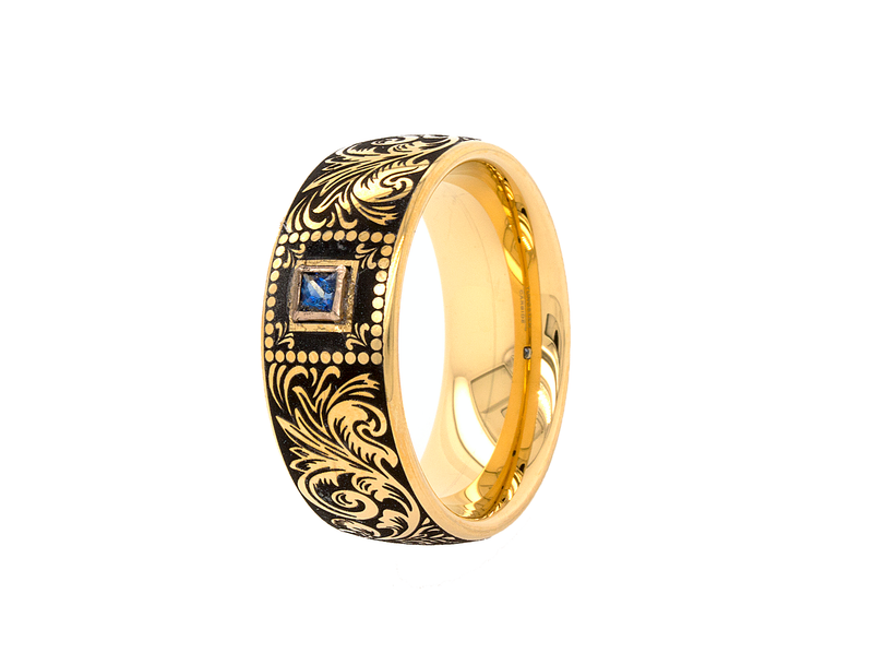 ring, ring on white background, yellow gold plated tungsten, gold plated ring, custom ring, custom wedding band, engraved ring, custom engraved ring, ring with square shaped sapphire, sapphire wedding band, victorian style engraving, victorian wedding band