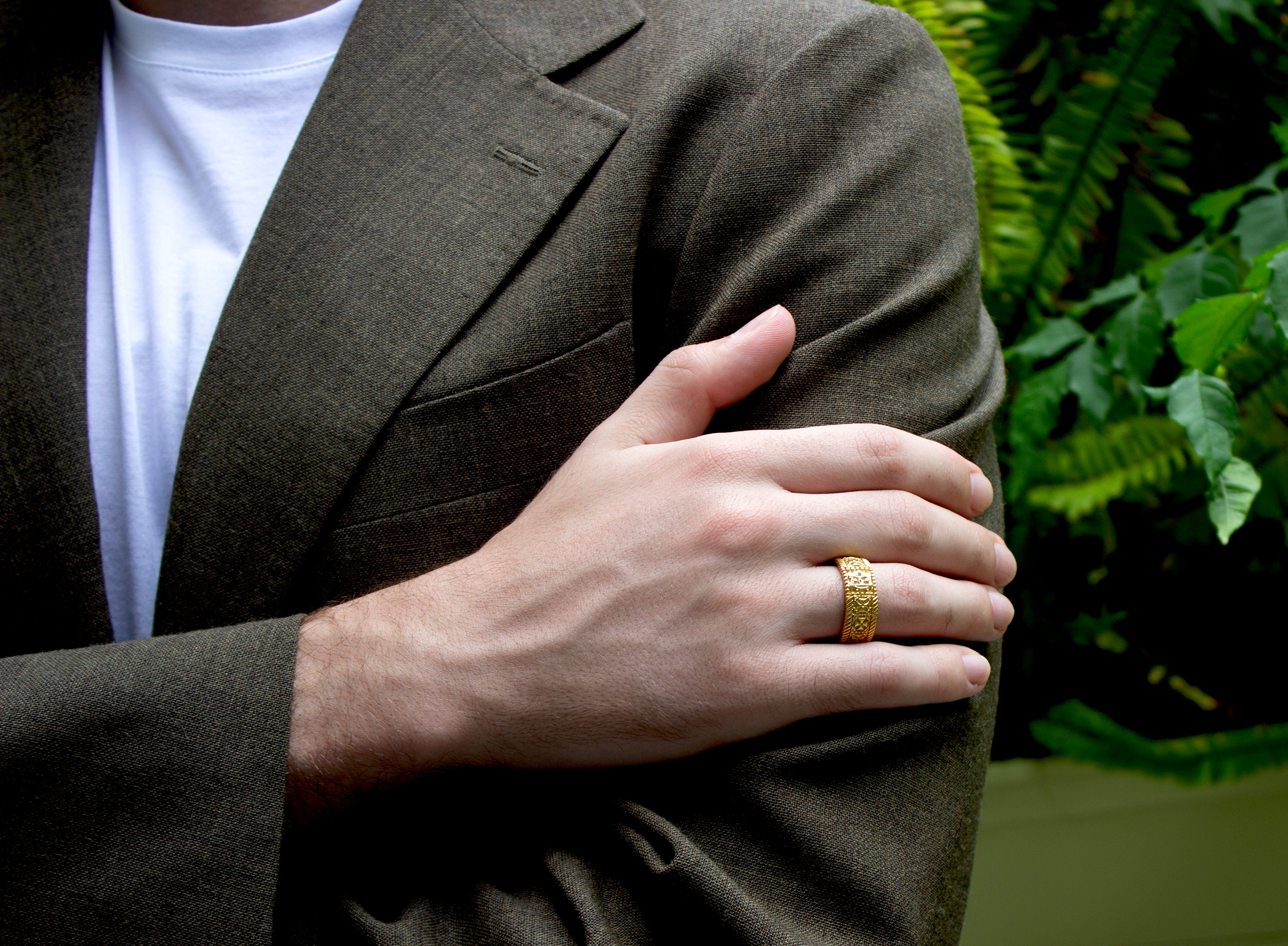 ring, ring on white background, gold ring, yellow gold ring, solid gold ring, mens ring, women's ring, solid gold wedding band. ring with celtic cross, cross ring, monogram ring, personalized monogram ring, initial ring