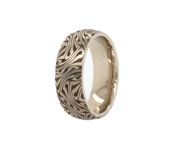 ring, ring with white background, white gold ring, solid gold ring, swirly pattern ring, 14k gold, Damascus steel pattern, wedding band, mens wedding band, women's wedding band