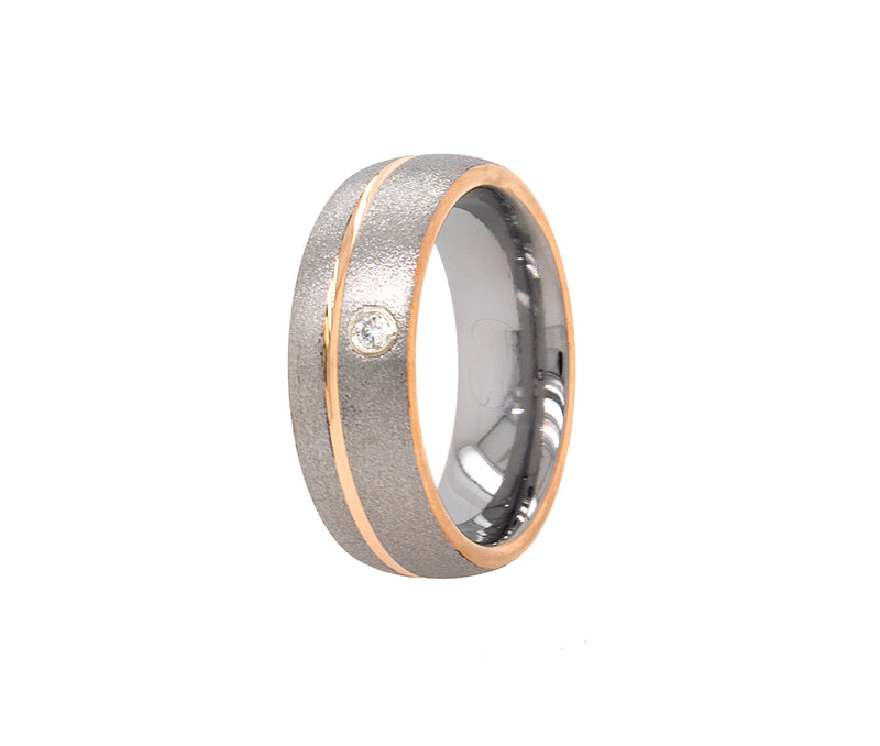 ring, ring on white background, ring with rose gold edges, ring with offset groove, ring with round cut diamond, diamond tungsten ring, tungsten ring, tungsten wedding band, mens wedding band, women's wedding band, matte tungsten ring, dome shaped ring