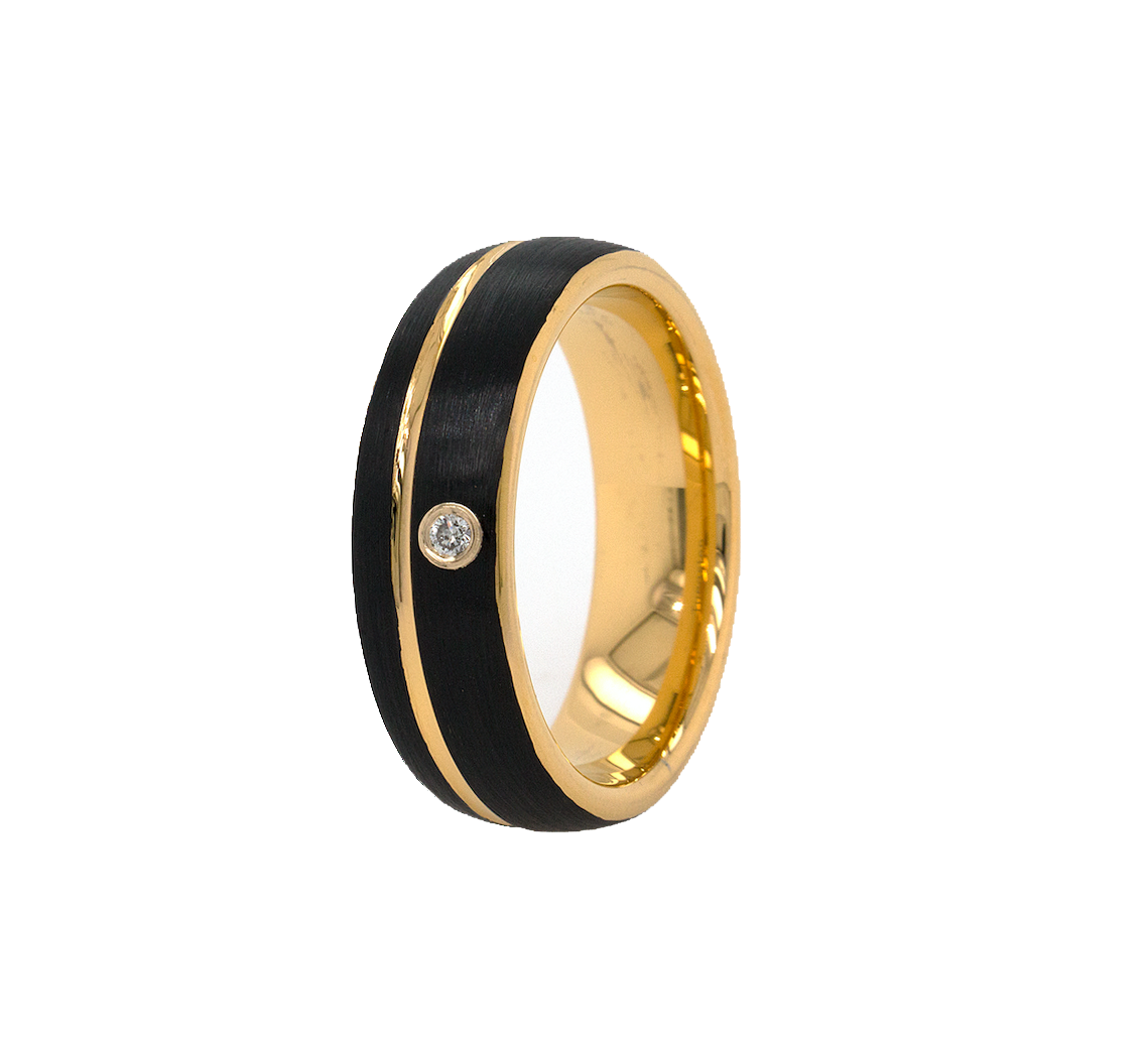 ring, ring on white background, 7mm ring, dome shaped ring, mens wedding band, women's wedding band, black plated ring, black ring, yellow gold ring, diamond ring, gemstone ring, wedding band, mens wedding band, women's wedding band, ring with groove