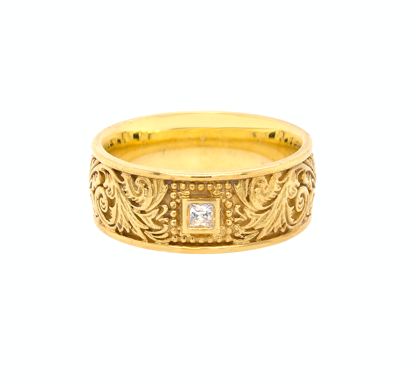 ring, ring on white background, gold ring, solid gold ring, wedding band, yellow gold ring, victorian ring, square shaped diamond ring, diamond wedding band, mens ring, women's wedding band