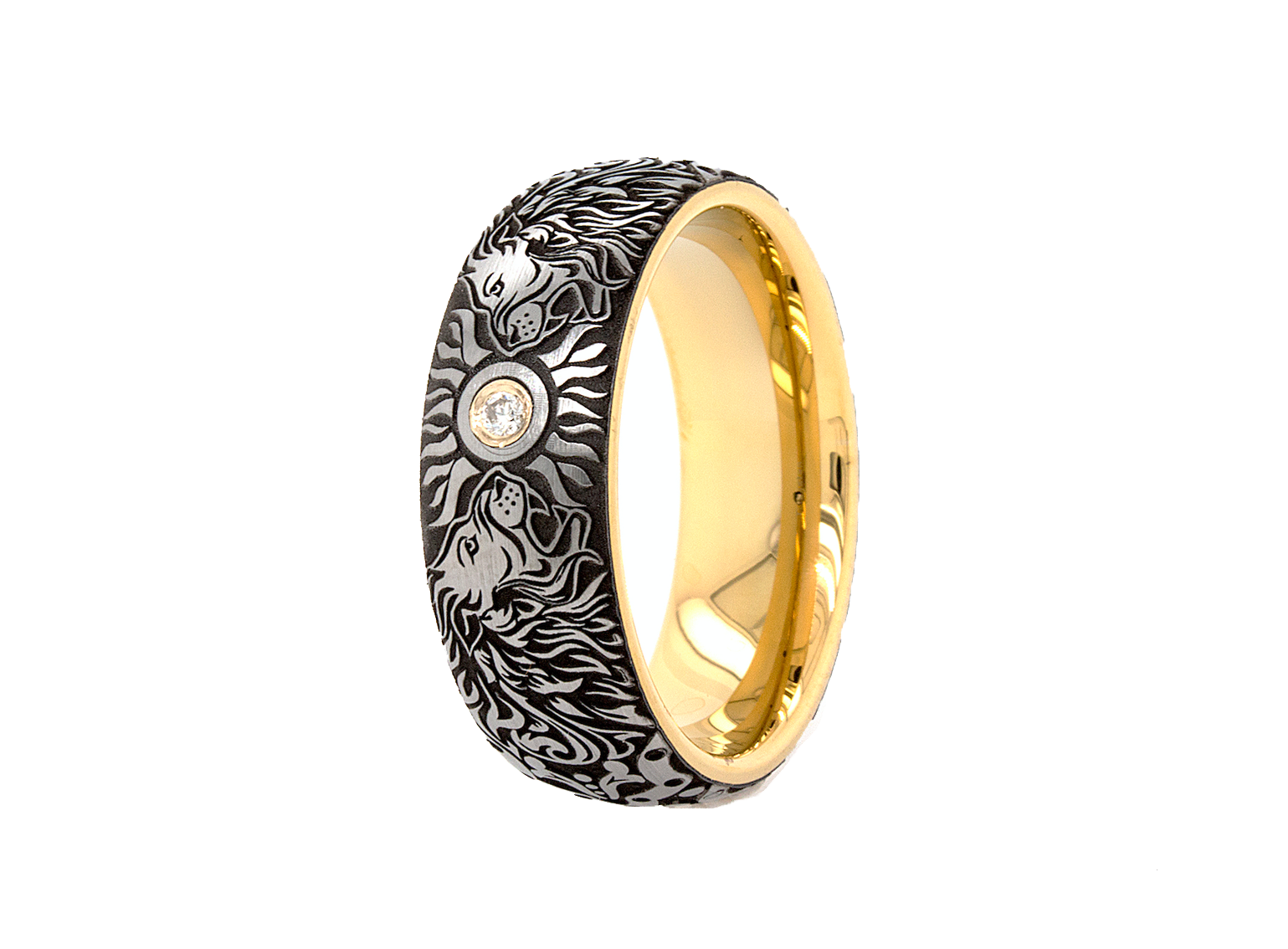 ring, ring with white background, tungsten ring, dome shaped ring, tungsten wedding band, engraved ring, ring with lions, diamond ring, ring with diamond, yellow gold plated ring, unique ring