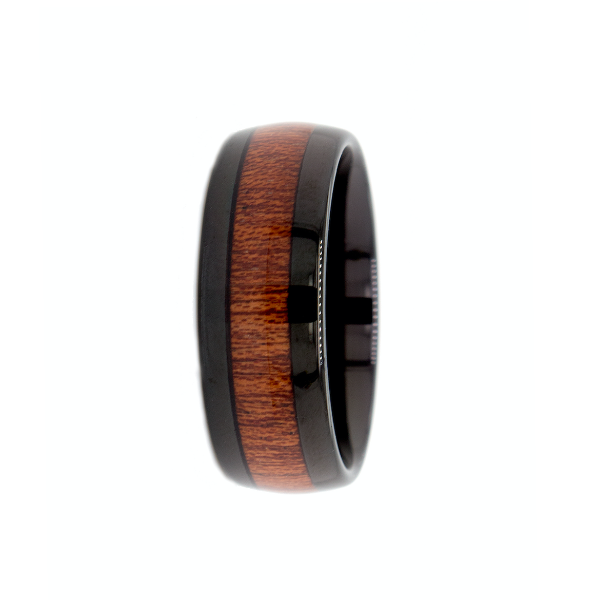 ring, ring on white background, black ring, dome shaped ring, wooden ring, wooden wedding band, black plated ring, polished ring, mens wedding band, women's wedding band
