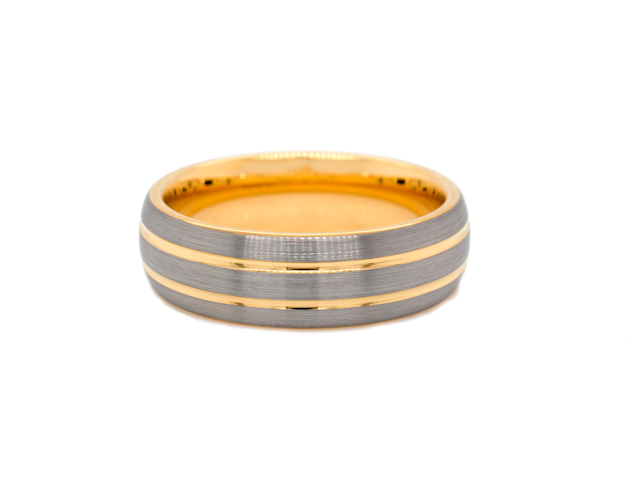 ring, ring with white background, yellow gold ring, yellow gold plated ring, 7mm ring, 7mm tungsten ring, dome shaped ring, brush finished ring, ring with grooves, grooved ring, wedding band, women's wedding band, mens wedding band, personalized ring