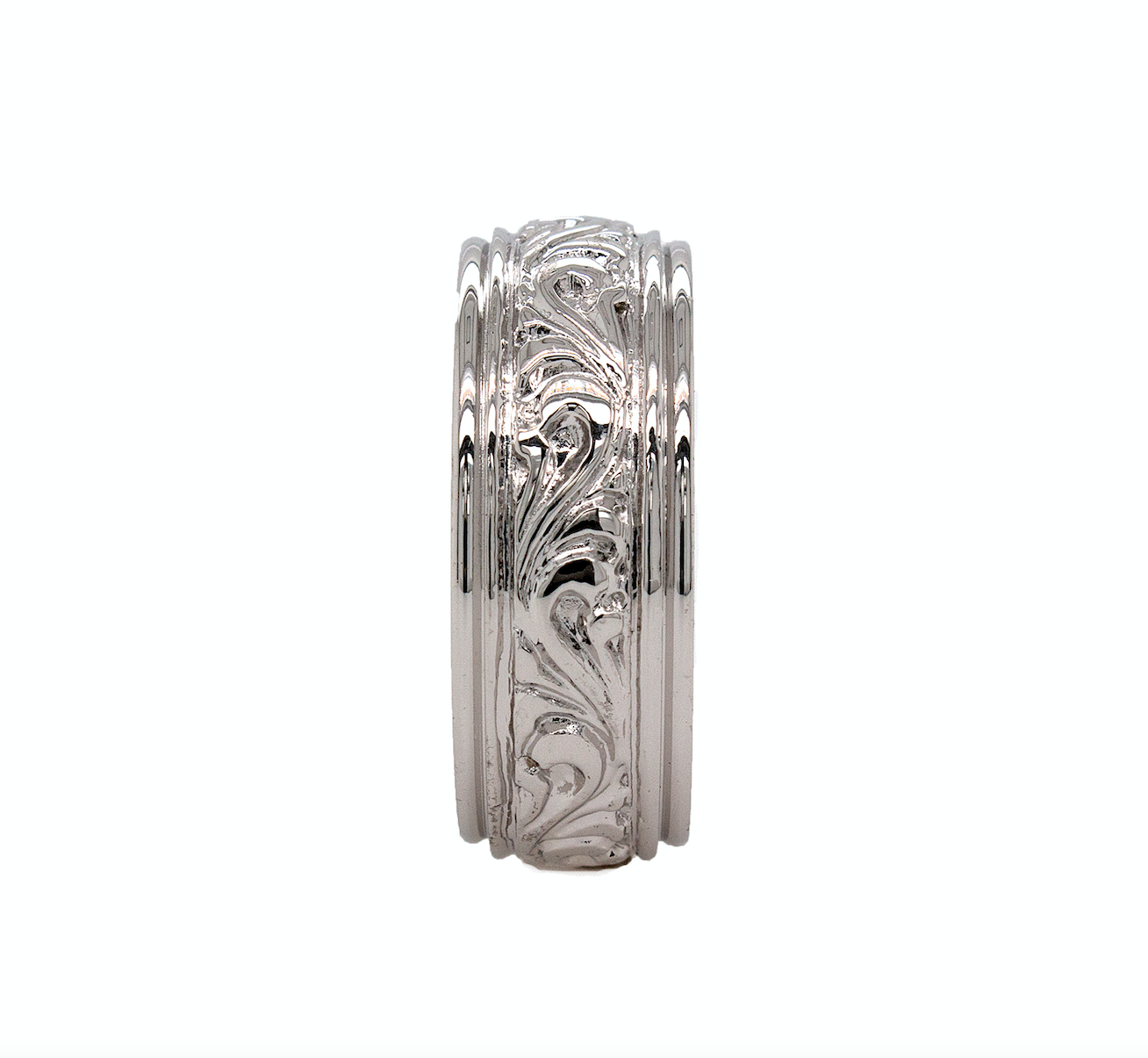 ring, ring on white background, mens wedding band, womens wedding band, victorian style ring, victorian ring, stepped edges, victorian wedding band, silver color ring, unisex ring