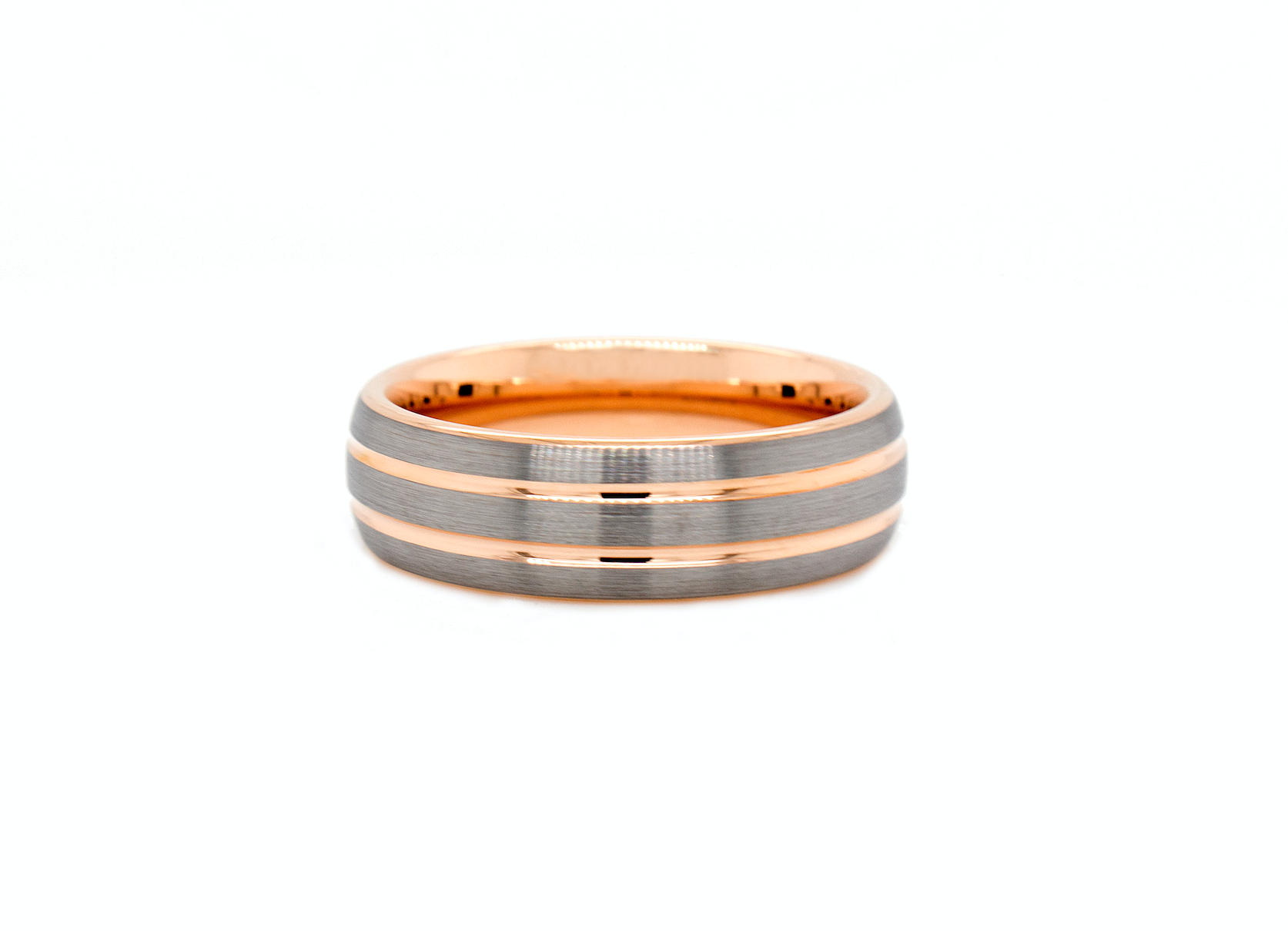 ring, ring on white background, dome shaped ring, 7mm ring, brush finished ring, rose gold plated ring, ring with 2 rose gold grooves, 7mm wedding band, tungsten ring for men, tungsten ring for women