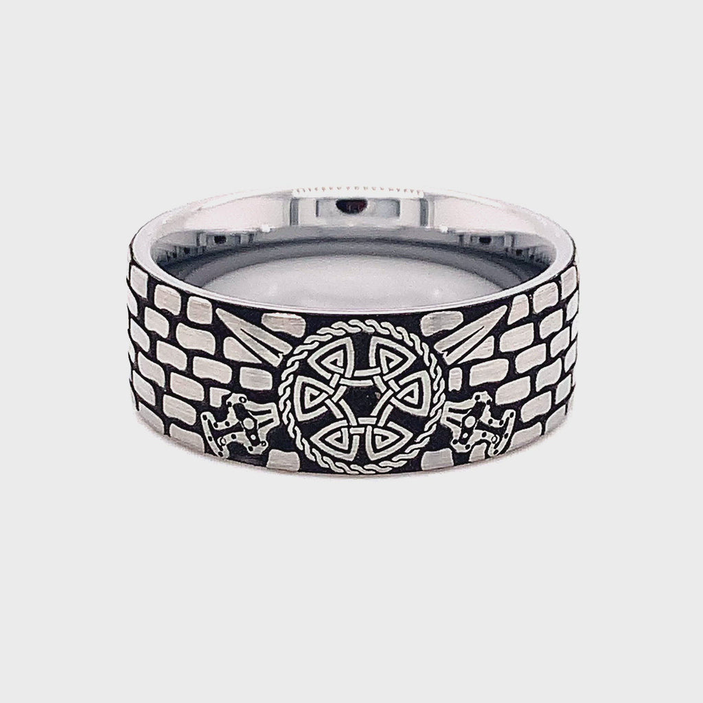 ring, tungsten ring, ring on white background, tungsten wedding band, ring with brick pattern, brick ring, viking ring, ring with viking shield, shield, viking shield, ax, sword