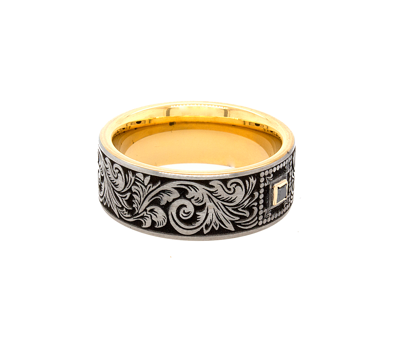 ring, ring with white background, tungsten ring, wedding band, tungsten wedding band, square shaped diamond, black diamond, yellow gold plated tungsten ring, victorian style wedding band, victorian designs