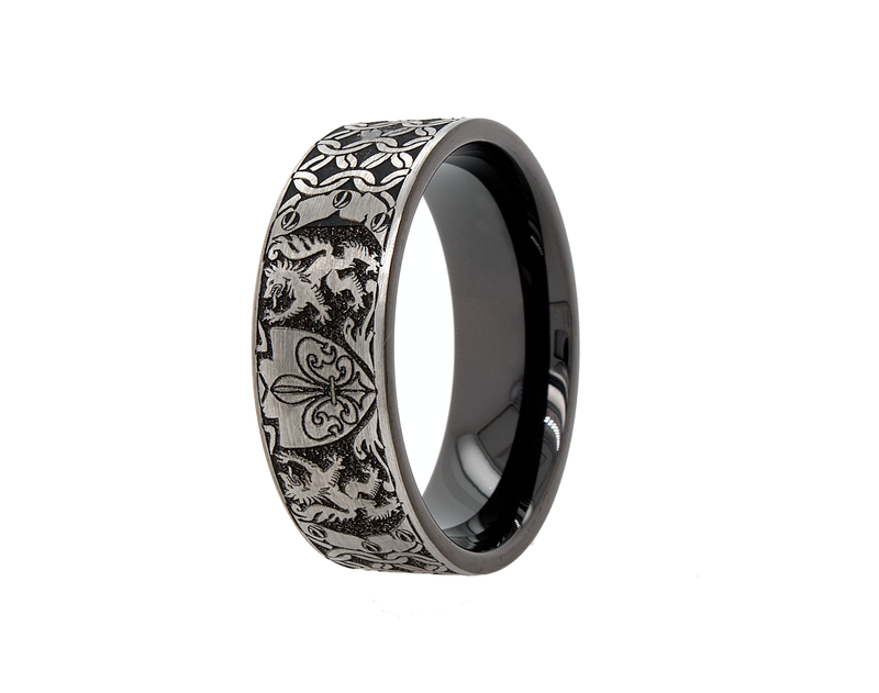 ring, ring on white background, mens wedding band, wedding band, tungsten ring, black and silver ring, engraved ring, ring with wolves, ring with shield, ring with flor de lis, flor de lis, custom ring, personalized ring, medieval ring, medieval designs