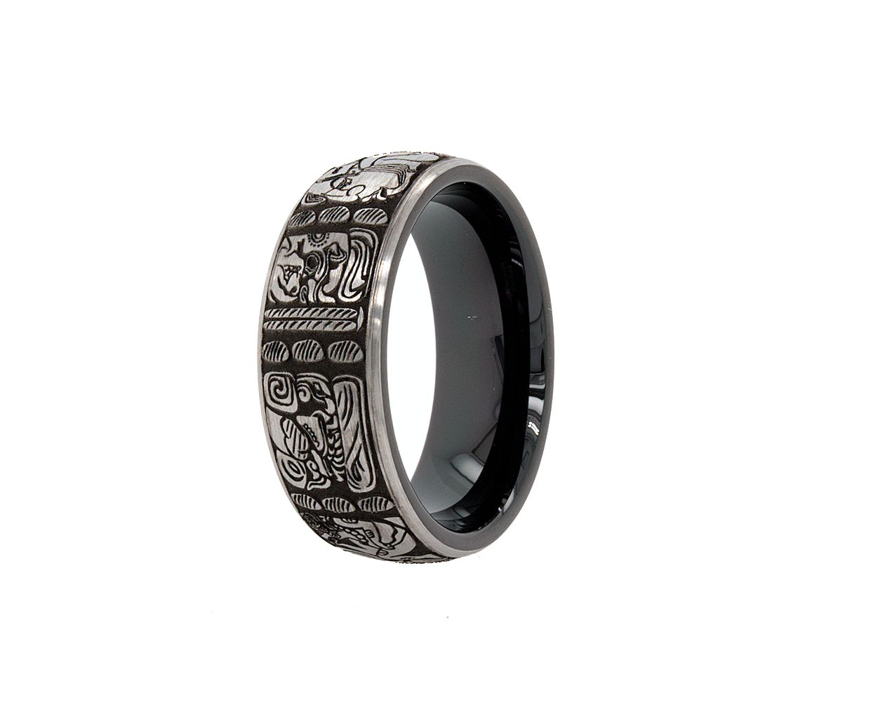 ring, ring on white background, mens wedding band, women's wedding band, 8mm ring, 8mm tungsten band, black plated ring, mayan wedding band, custom wedding band, engraved ring, ring with mayan symbols