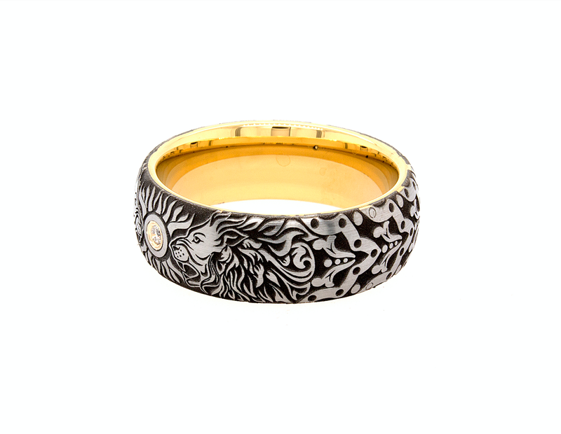 ring, ring with white background, tungsten ring, dome shaped ring, tungsten wedding band, engraved ring, ring with lions, diamond ring, ring with diamond, yellow gold plated ring, unique ring