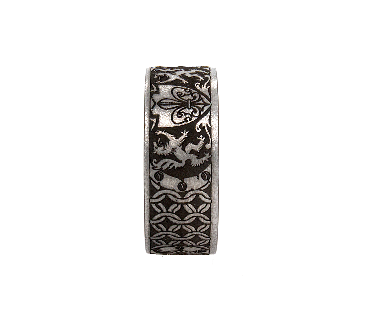 ring, ring on white background, black ring, black and silver ring, medieval ring, black ring, flor de lis, medieval engravings, wedding band, mens wedding band