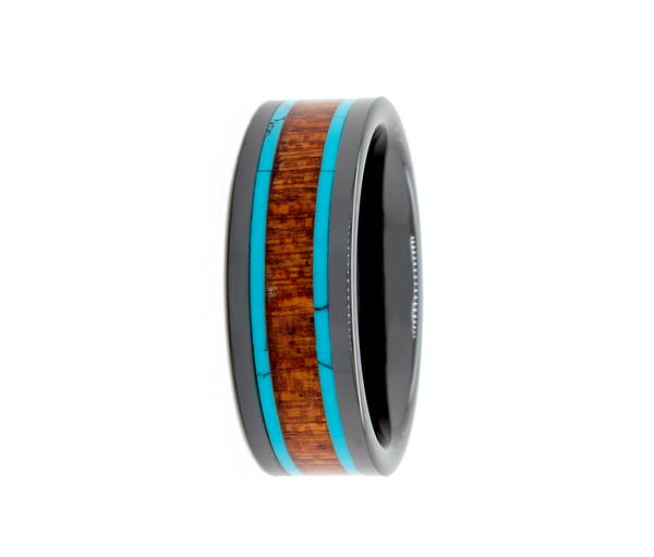 8MM FLAT SHAPED BLACK PLATED TUNGSTEN RING WITH WOOD AND TURQUOISE INLAY