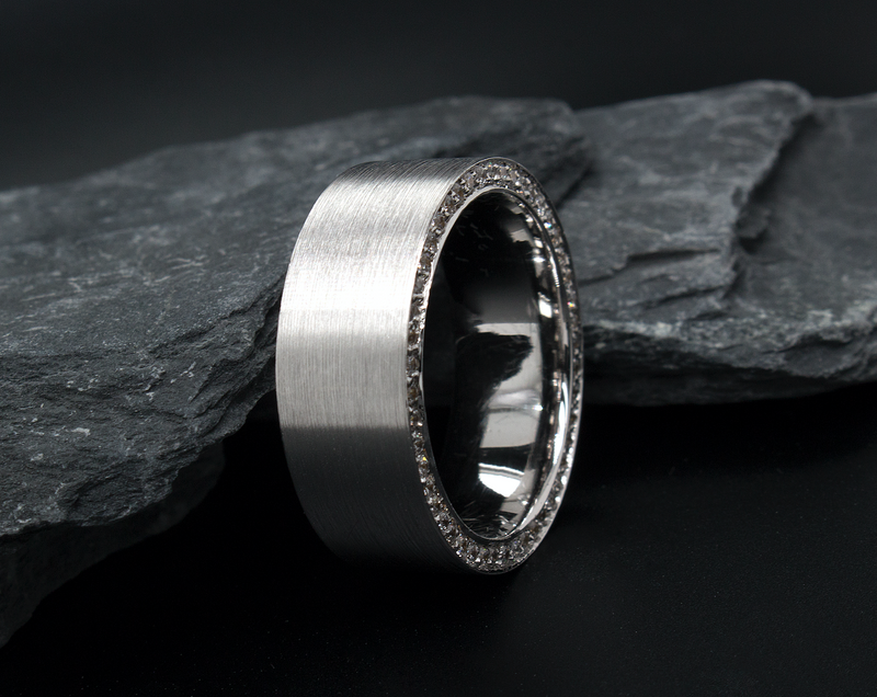 9mm, Custom Made, Flat Shaped, Solid White Gold Ring with Brushed Exterior and Diamond Edges