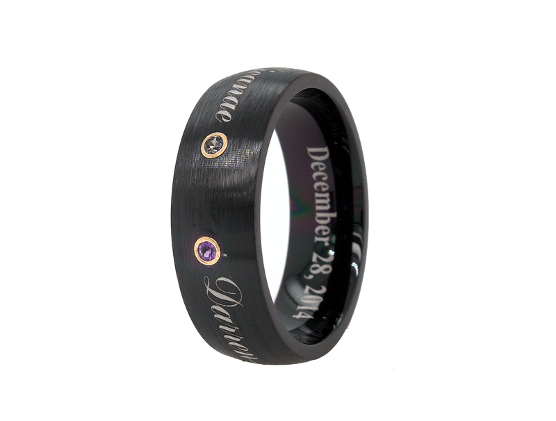ring, ring on white background, black ring, black plated ring, brushed ring, gemstone ring, engraved ring, ring with name, personalized ring, custom wedding band, engraved ring
