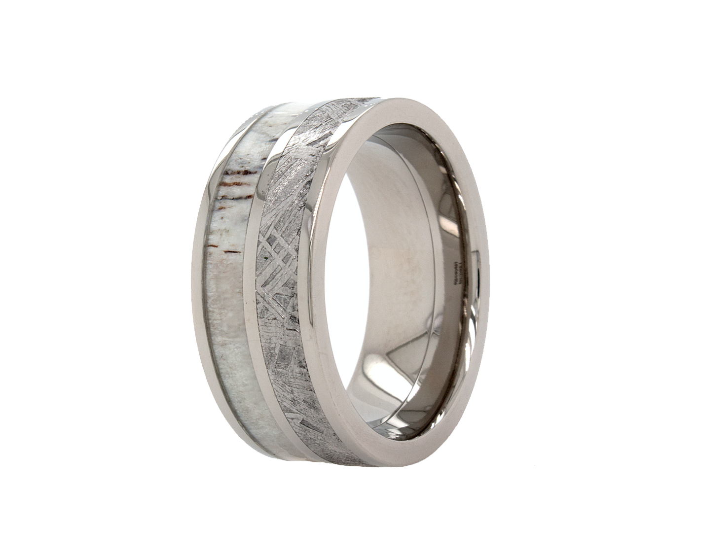 ring, ring on white background, titanium ring, titanium wedding band, meteorite ring, real meteorite, antler, antler ring, 9mm ring, 9mm titanium ring, polished ring, wedding band, mens wedding band, womens wedding band  Edit alt text