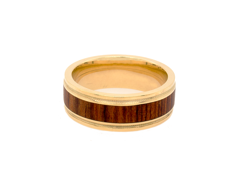 ring, ring with white background, gold ring, yellow gold ring, solid gold ring, yellow gold wedding band, wooden ring, wooden wedding band, solid gold and wood ring, 2 grooves, yellow gold