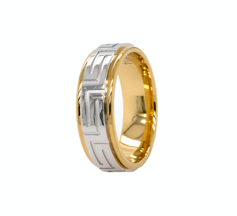 8mm ring, solid gold ring, mens wedding band, womens wedding band, solid gold ring, greek symbols, stepped edges, engraved ring, custom ring, mens wedding band, womens wedding band