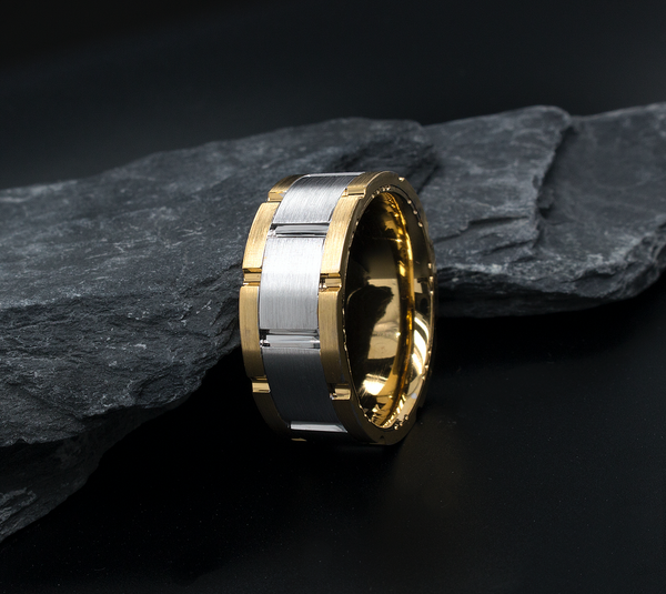 ring, ring on black background, 8mm ring, matte ring, brushed ring, grooved ring, wedding band, mens wedding band, womens wedding band, unisex ring, two-toned ring