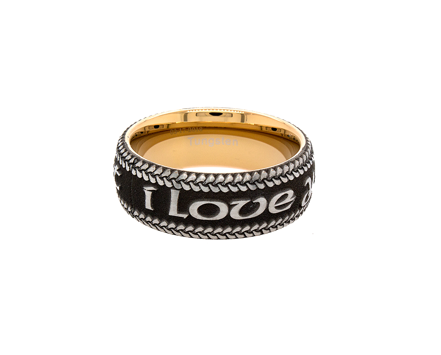 ring, ring on white background, matte black ring, ring with gold plating, i love you, i love you ring, ring with i love you engraved on it, engraved wedding band, engraved ring, personalized ring, custom ring