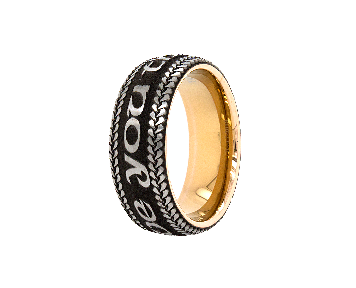 ring, ring on white background, matte black ring, ring with gold plating, i love you, i love you ring, ring with i love you engraved on it, engraved wedding band, engraved ring, personalized ring, custom ring